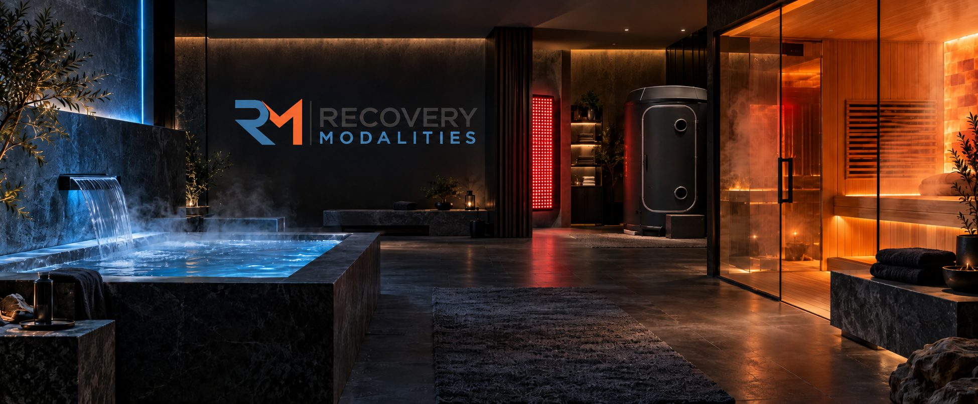 Recovery Modalities: cold plunge, red light therapy, hyperbaric chamber and sauna in a dark spa